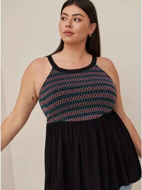 Torrid NWT smocked halter top black crinkle gauze sleeveless size 0/ large H39